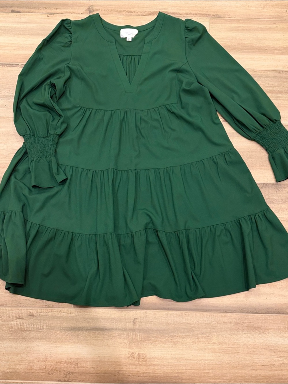 Pomander Place Forest Green Tiered V-Neck Smocked-Sleeve Dress